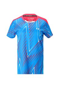 Kortärmad blå träningströja med röda och vita zigzag-mönster, rund halsringning och en logotyp på framsidan. Tillverkad av lättviktigt tyg.