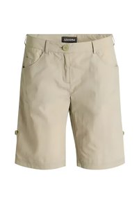 Beige Cargo-Shorts aus leichtem Material, mit mehreren Taschen, einem Knopfverschluss und dekorativen Knöpfen an den Saumenden.