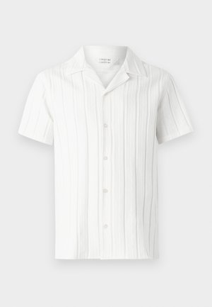 White short-sleeve shirt with vertical textured stripes, a notched collar, and five buttons down the front, made from a lightweight fabric.