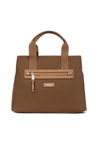 Borsa tote in nylon marrone con accenti in ecopelle beige a contrasto, manici superiori e una tasca frontale con zip metallica. Inclusa placca con logo.