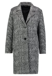 Szary i czarny płaszcz w wzór z wyciętym kołnierzem, jednorzędowym zapięciem i dwoma guzikami. Miękka tekstura, sięgająca do połowy uda.