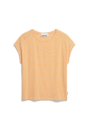 Orange-weiß gestreifes T-Shirt mit Rundhalsausschnitt, kurzen Ärmeln und lockerer Passform. Hergestellt aus weichem, leichtem Stoff.