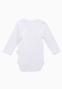 Long-sleeve white bodysuit made of soft cotton with a rounded neckline, snap closures at the bottom, and a smooth, plain texture.
