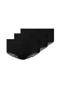 Schwarze Slips mit Spitzenbesatz aus weichem Stoff, mit glattem Bund, floralen Spitzenakzenten am Saum, im 3er-Set verkauft.