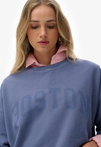 Sudadera azul con "BOSTON" impreso en un tono más oscuro, diseño de cuello redondo, llevada sobre una camisa de color rosa claro con cuello. Textura suave.