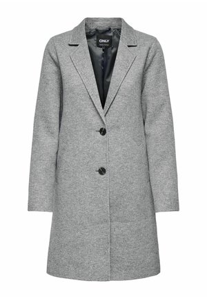 Pilkas iki kelių ilgio paltas, pagamintas iš tekstūruotos medžiagos, su įpjovu apykakle, ilgomis rankovėmis ir dviem juodais mygtukais priekyje.