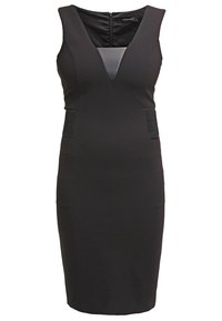 Black sleeveless knee-length dress with deep V-neck and faux leather inset on the chest, fitted silhouette, and back zipper closure.
