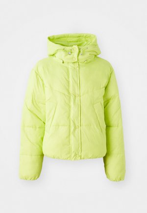 Lime green puffer jacket with a high collar, snap button closure, and quilted pattern. Soft, lightweight material; cropped fit and elastic cuffs.