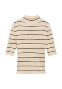 Krémový žebrovaný pletený svetr s černými vodorovn�ými pruhy, krátkými rukávy a límcem typu mock neck.