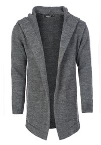 Grijze gebreide cardigan met een capuchon, open voorkant, lange mouwen en ribgebreide manchetten. Zachte textuur met een subtiel gemêleerd patroon.