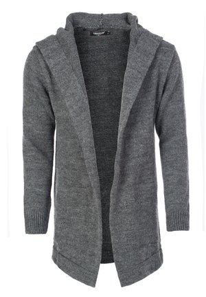 Grijze gebreide cardigan met een capuchon, open voorkant, lange mouwen en ribgebreide manchetten. Zachte textuur met een subtiel gemêleerd patroon.