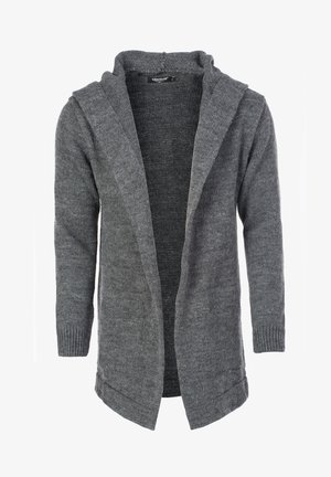 Grijze gebreide cardigan met een capuchon, open voorkant, lange mouwen en ribgebreide manchetten. Zachte textuur met een subtiel gemêleerd patroon.