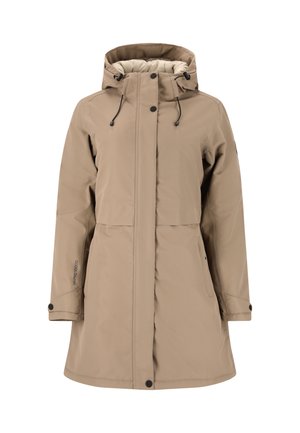 Beige knälång vinterjacka med huva, framknappar, dragsnören, sidofickor och justerbara ärmslut, utformad för kallt väder.