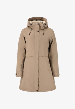 Manteau d'hiver beige jusqu'aux genoux avec capuche, boutons pression à l'avant, cordons de serrage, poches latérales et poignets ajustables, conçu pour les temps froids.