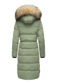 Padded winter coat in pale green, featuring a faux fur-trimmed hood, ribbed cuffs, and horizontal channel quilting for insulation.