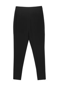 Schwarze Hose aus glattem Stoff, schlankem Schnitt und mit Reißverschlüssen am Saum. Verfügt über zwei vordere Falten für zusätzliche Details.