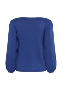 Maglione a maniche lunghe di un blu cobalto con scollatura ampia a girocollo, maniche arricciate e orlo a coste per un effetto di texture.