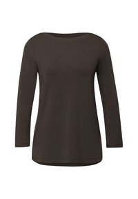 Braunes Langarmshirt mit rundem Ausschnitt, aus einem glatten Stoff. Es hat eine lockere Passform und einen leicht geschwungenen Saum.