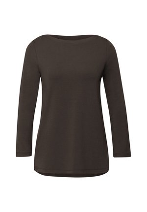 Bruine top met lange mouwen en een ronde hals, gemaakt van een gladde stof. Het heeft een losse pasvorm en een licht gebogen zoom.