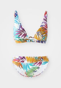 Fargerik bikini-sett med trekantet topp og matchende truse med palmebladmønster. Laget av glatt, lett materiale.
