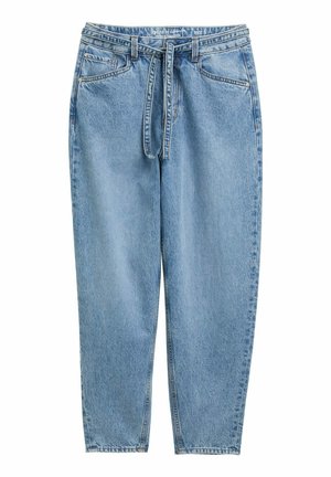 Pantaloni in denim azzurro chiaro con vestibilità rilassata, vita elasticizzata, tasche anteriori e dettagli di cucitura visibili. Tessuto liscio e design a gamba affusolata.