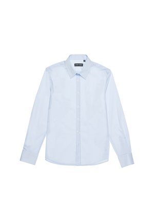 Camicia azzurra a maniche lunghe con colletto a punta, chiusura con bottoni e polsini. Tessuto liscio, design strutturato e senza motivi visibili.
