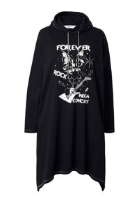 Zwarte hoodie jurk met lange mouwen, een asymmetrische zoom, een vooraanstaande grafiek met een kat, een gitaar en tekst. Gemaakt van een katoenmix met trekkoorden.