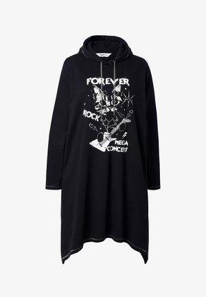Vestido sudadera negro con mangas largas, dobladillo asimétrico, gráfico frontal que presenta un gato, una guitarra y texto. Tejido de mezcla de algodón con cordones.
