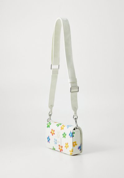 White faux leather bag with colorful floral patterns, silver hardware, and an adjustable strap. Compact rectangular shape with textured finish.