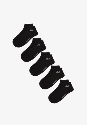 Crne anklet čarape od mješavine pamuka, s glatkom teksturom i bijelim logotipom. Poredane u nizu, vidljive su pet pari.