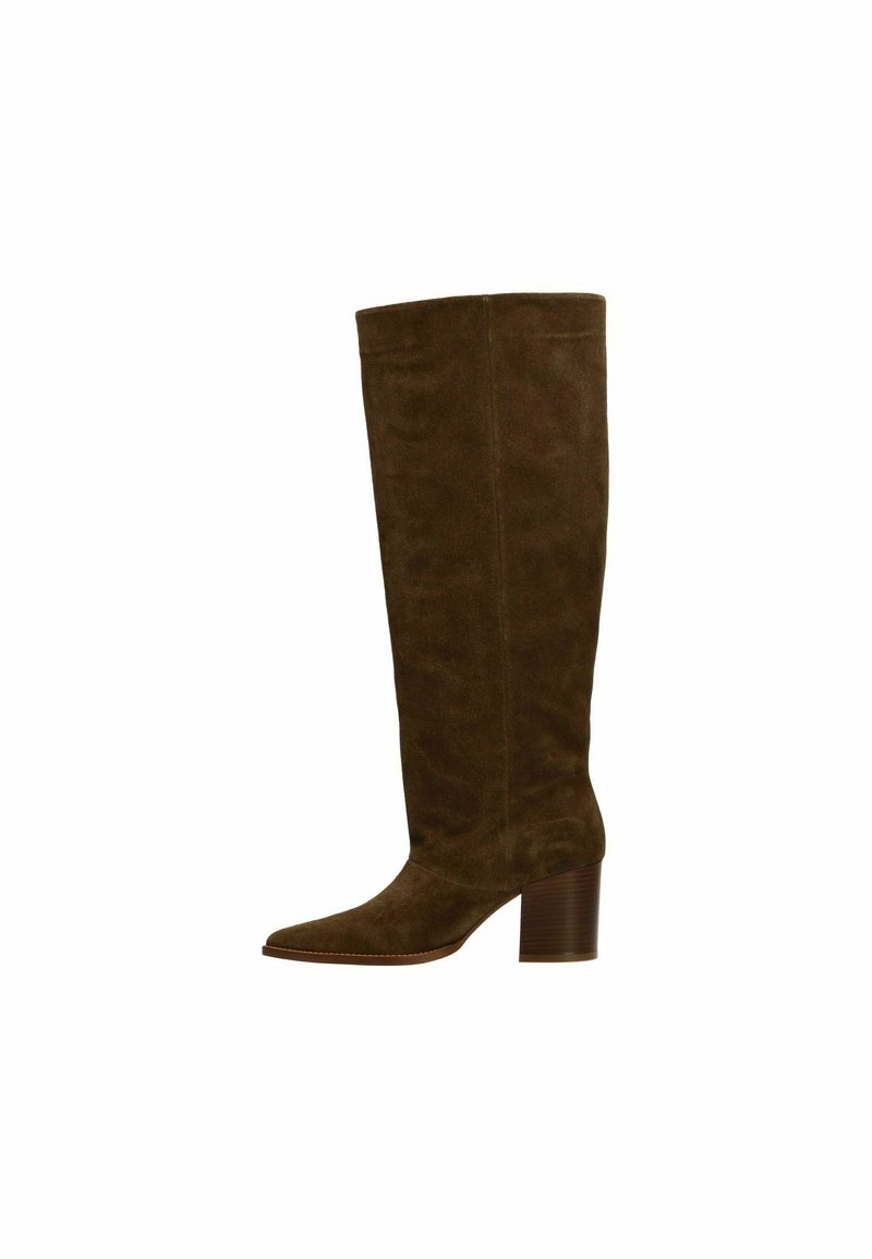 Tall brown suede boot with a rounded toe and stacked block heel, designed for women, shown against a white background.