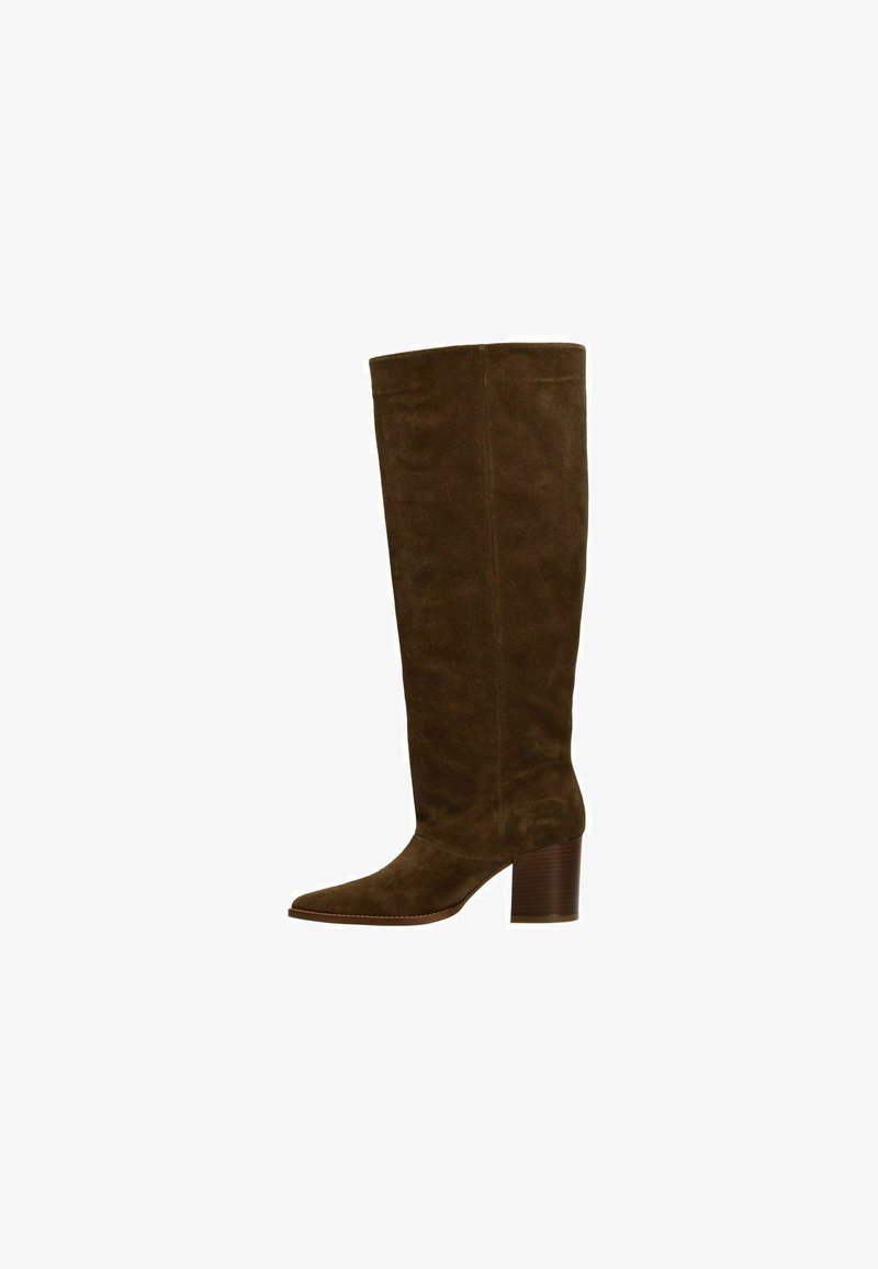 Tall brown suede boot with a rounded toe and stacked block heel, designed for women, shown against a white background.