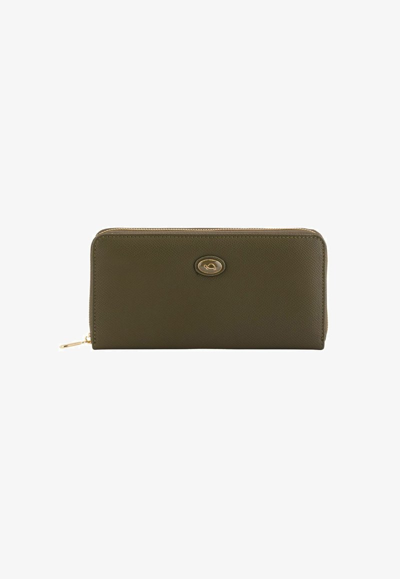 Cartera con cremallera en verde oliva, hecha de cuero texturizado, con un logotipo de acento en tono dorado en la parte delantera y una forma rectangular elegante.