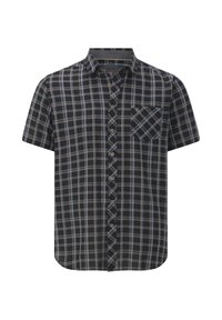 Kurzarm-Hemd mit Karomuster in Schwarz und Blau, mit Knopfleiste, Brusttasche mit diagonaler Musterung und abgerundetem Saum.