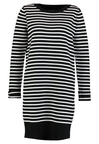 Vestido de manga larga hecho de tejido elástico con rayas horizontales en blanco y negro. Presenta un escote redondo y puños y dobladillo acanalados en negro.