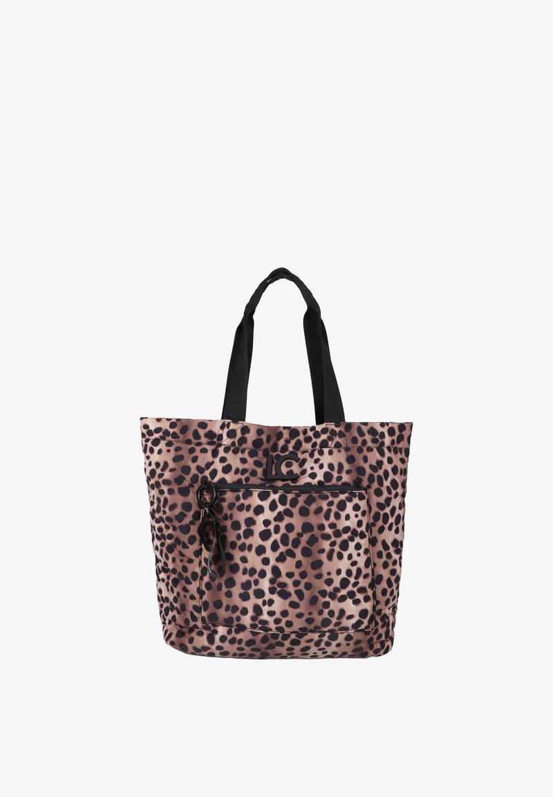 Sac tote avec imprimé léopard noir et marron, poche avant zippée avec pompon et anses noires.