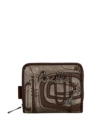 Portafoglio marrone e grigio con forme astratte in rilievo, motivo chitarra e logo metallico "Anekke", con chiusura a zip sul lato sinistro.