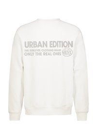 Weißer Sweatshirt mit langen Ärmeln, glatte Textur. Die Rückseite zeigt grauen Text: "URBAN EDITION," "THE SUBLEVEL CLOTHING BRAND," und Logodetail.