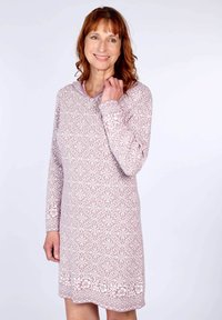 Langärmliges Kleid in zartem Rosa mit weißem Blumenmuster und strukturierten Bündchen. Mit V-Ausschnitt und leicht ausgestellt Säume. Weicher Stoff.