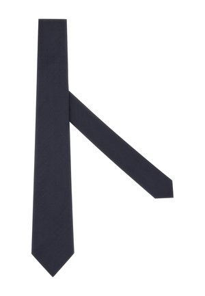 Cravate bleu marine en tissu texturé, présentant un motif de petits pois discret, avec une pointe effilée et une extrémité étroite. Design longitudinal.