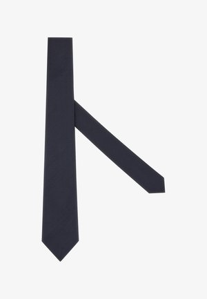 Navyblauwe stropdas van gestructureerde stof, met een subtiel stippenpatroon, een puntige punt en een smalle uiteinde. Lengtegerichte ontwerpen.