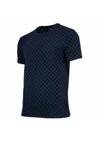 Navyblauwe T-shirt met korte mouwen en een subtiel geometrisch cirkelpatroon met een ronde hals.
