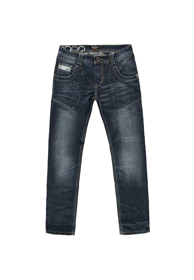 Donkerblauwe denim jeans met meerdere zakken, contrasterende stiknaden, subtiele vervaagde plekken en een rechte pijp.