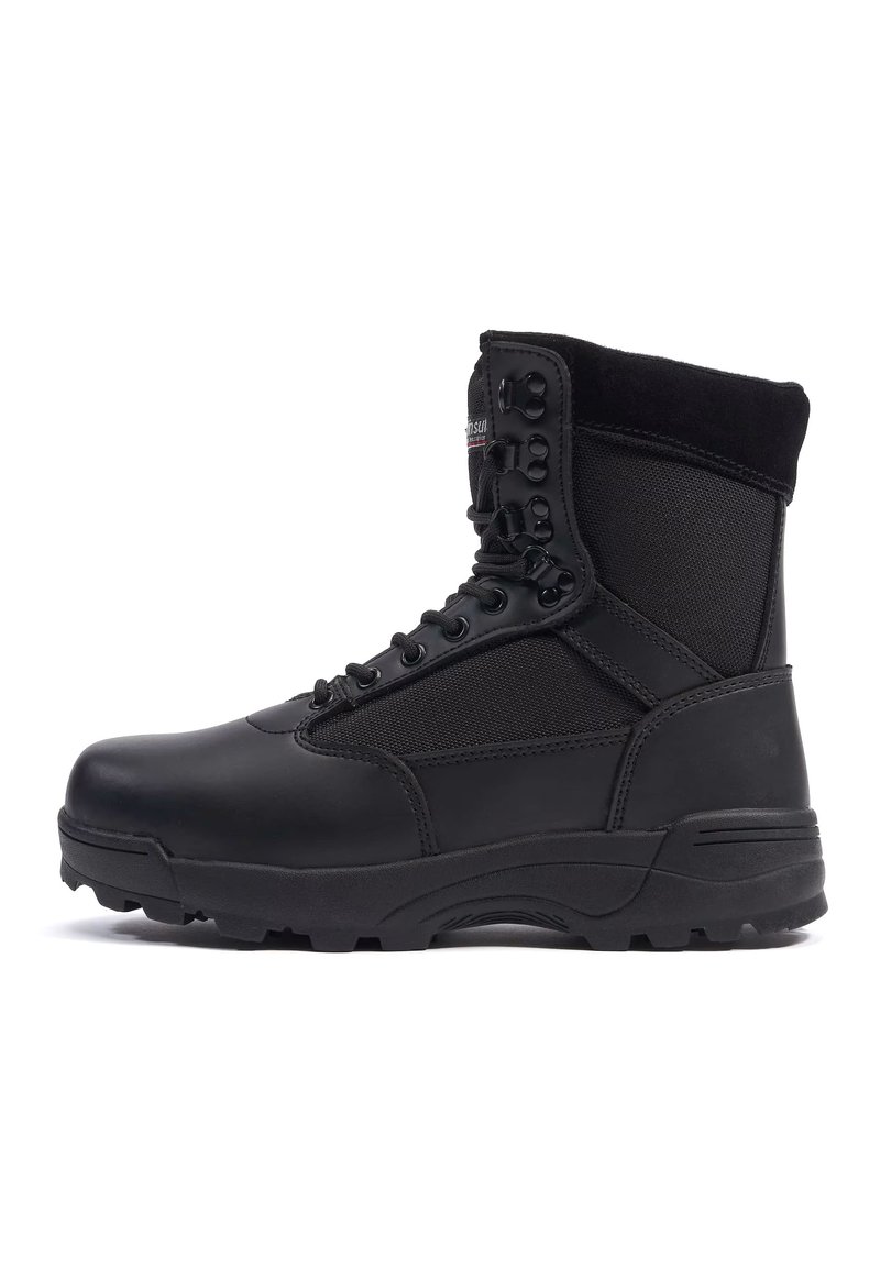 Black tactical boot with a smooth leather upper and fabric panels, high-ankle design, lace-up front, and rugged rubber sole.