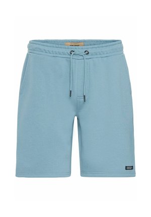 Pantaloni corti in cotone azzurro chiaro con vita elastica, cordoncino regolabile, tasche laterali e una piccola etichetta con logo sul lato sinistro.