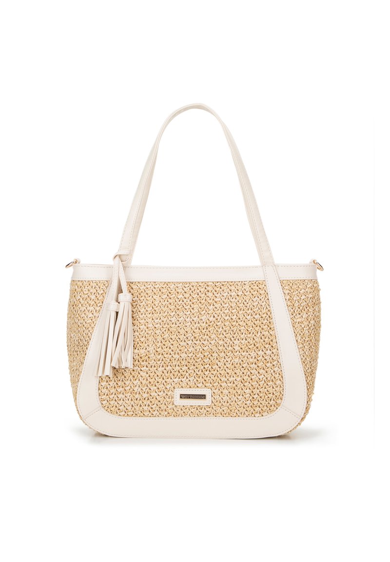 Sac fourre-tout tissé beige avec des accents en cuir artificiel blanc et un détail de pompon. Présente une forme structurée et une fermeture éclair.