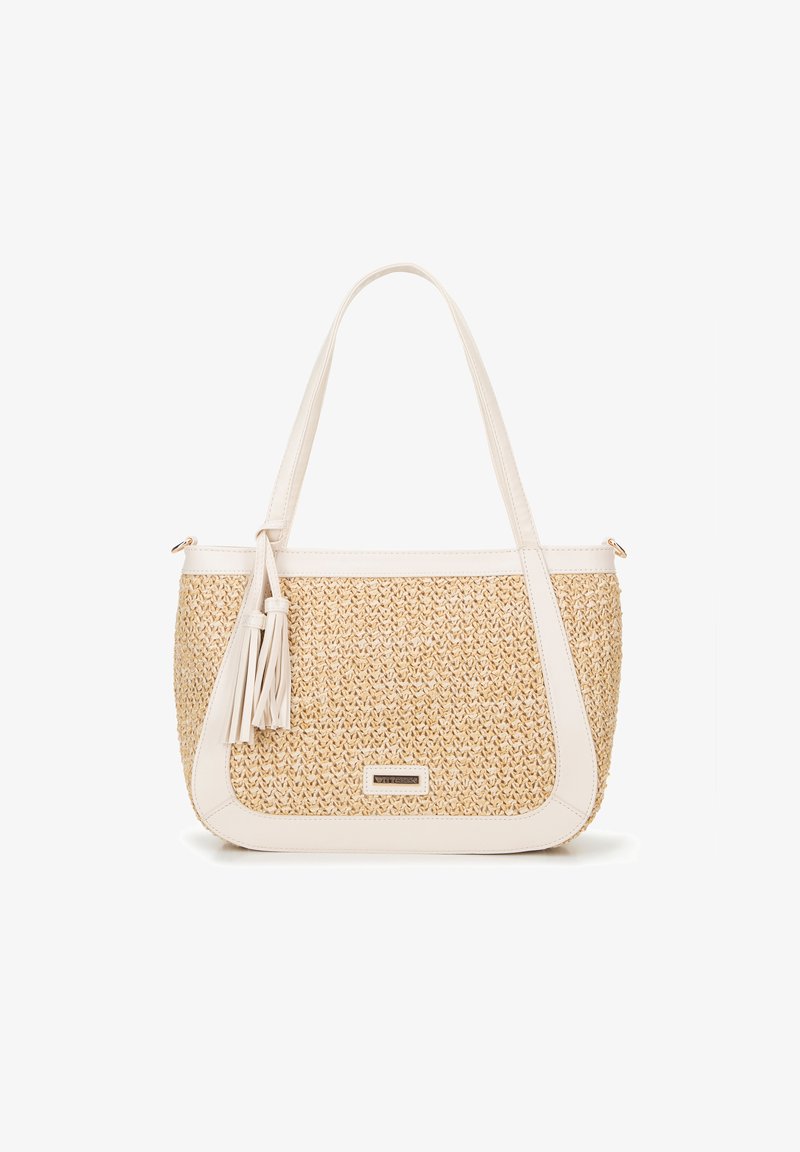 Borsa tote intrecciata beige con dettagli in finta pelle bianca e lavorazione a nappina. Presenta una forma strutturata e una chiusura con zip.