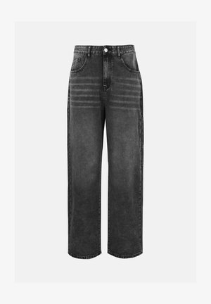 Jeans neri in denim a gamba larga con finitura sbiadita, dotati di cinque tasche e chiusura frontale con bottoni, realizzati in tessuto misto cotone.