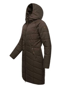 Donkerbruin gewatteerde jas met een capuchon, voorzien van diagonale stiksels, een volle rits aan de voorkant en een zijzak met een ritssluiting.