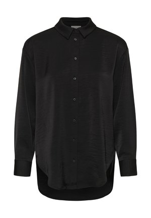 Cămașă neagră cu nasturi, mâneci lungi, guler ascuțit, tiv curbat și o textură fină, ușor lucioasă a materialului.